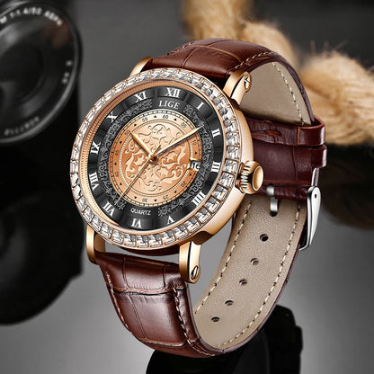 LIGE Fashionable Womens Leather Band Watch