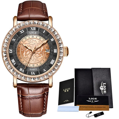 LIGE Fashionable Womens Leather Band Watch