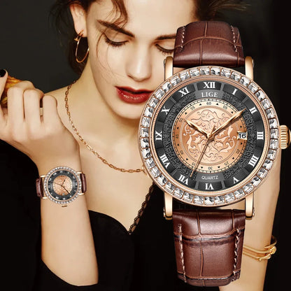 LIGE Fashionable Womens Leather Band Watch