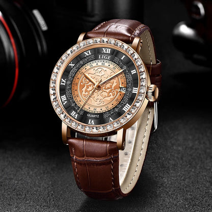 LIGE Fashionable Womens Leather Band Watch