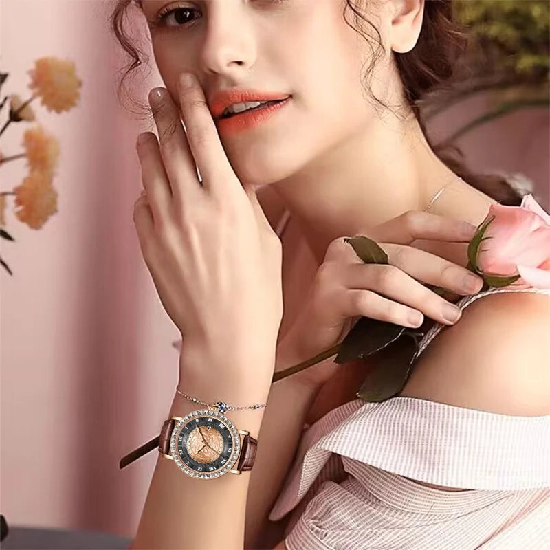 LIGE Fashionable Womens Leather Band Watch