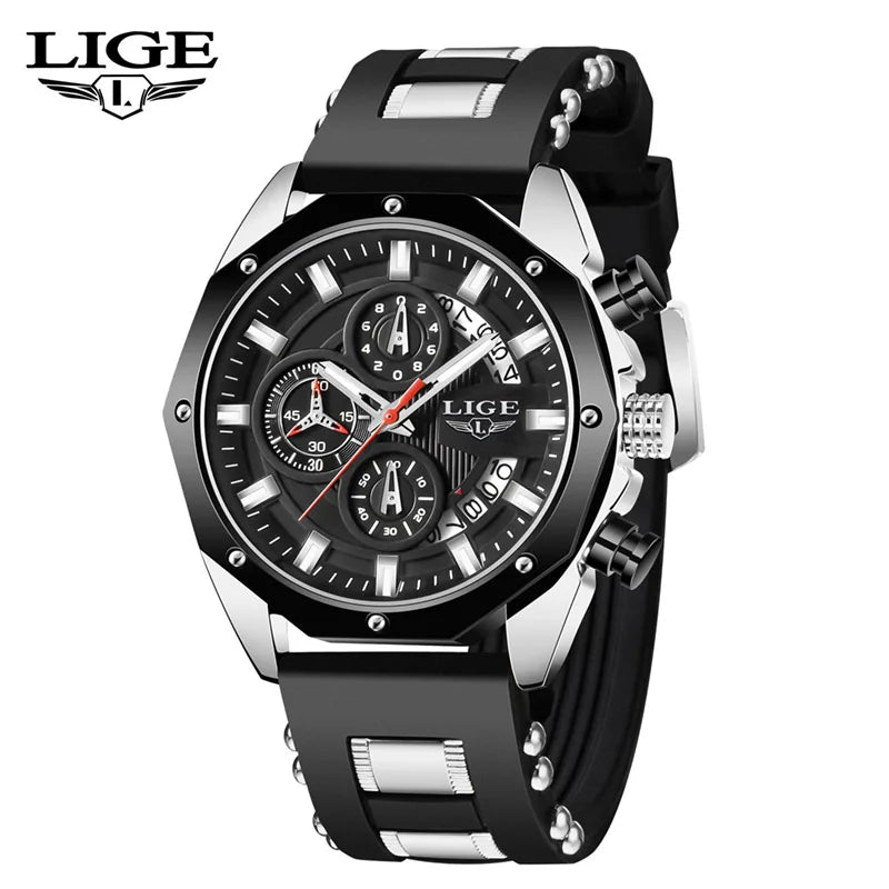 LIGE Luxury Silicone Strap Sport Mens Watch