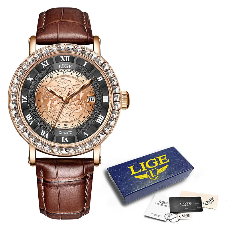 LIGE Fashionable Womens Leather Band Watch