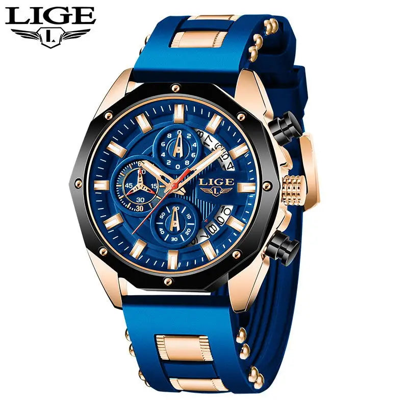 LIGE Luxury Silicone Strap Sport Mens Watch