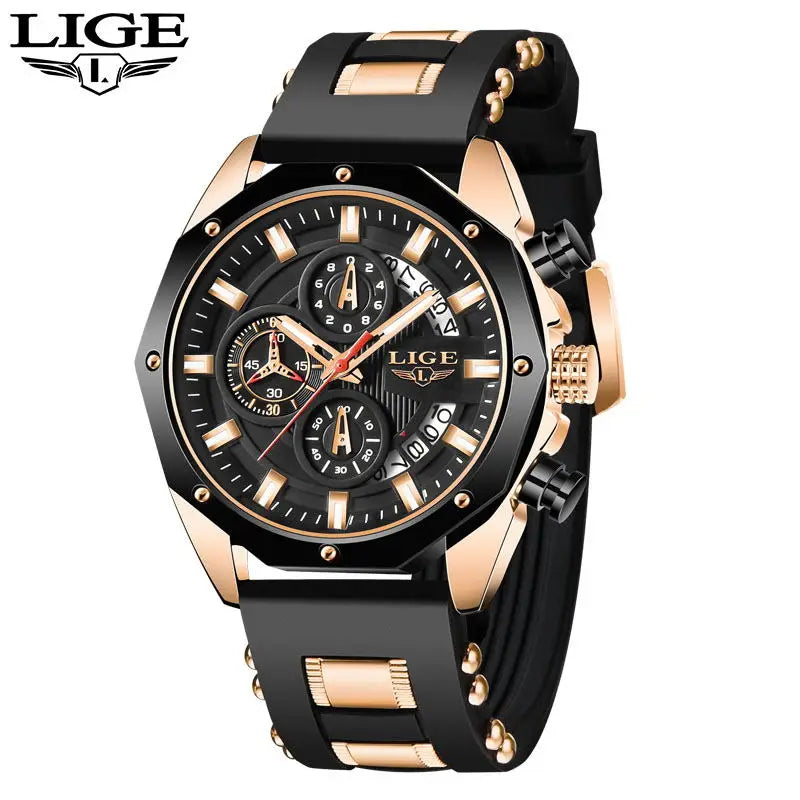 LIGE Luxury Silicone Strap Sport Mens Watch