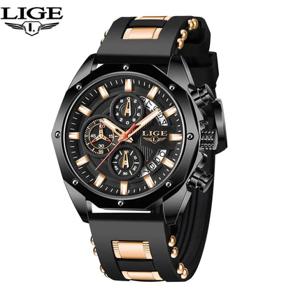 LIGE Luxury Silicone Strap Sport Mens Watch